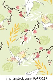 Seamless pattern with paper cranes and blossoming branches