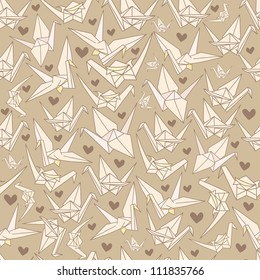 Seamless pattern with paper cranes and hearts. Decorative texture with paper cranes