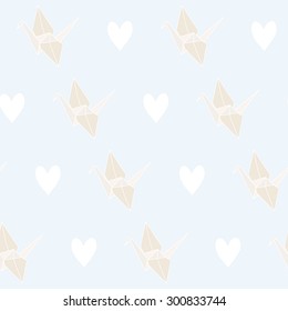 Seamless pattern with paper cranes and hearts, vector illustration