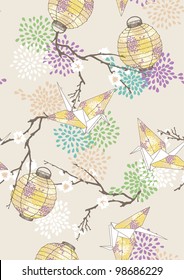 Seamless Pattern with Paper Cranes and Lanterns