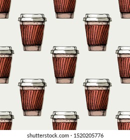 Seamless pattern with paper cup with coffee lid in vintage engraved style 