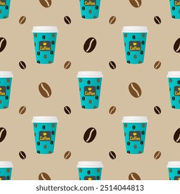 Seamless pattern paper cup of coffee with coffee beans on a bright background