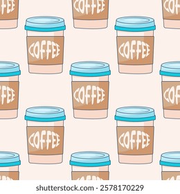 Seamless pattern with a paper cup of coffee. Endless texture