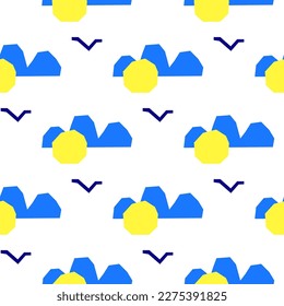 Seamless pattern with paper cut clouds, sun or moon, birds in modern collage style. Cute boho childish background. Trendy contemporary texture for fabric, covers, etc.