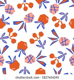 Seamless pattern with paper cut fruits on white background. Colorful simple vector illustration with pineapple, apple, cherry for wallpaper, scrapbooking, surface design