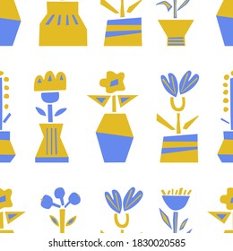 Patrón sin foco con plantas de corte de papel. Ilustración colorida simple y plana vectorial con macetas abstractas para papel de pared, papel de envoltura, raspado, diseño de superficie