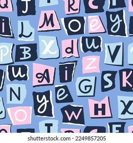 Seamless pattern with paper cut letters. Colorful alphabet background. Text cutting from newspapers and magazines. Vector flat illustration