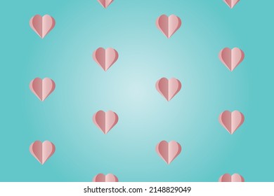 seamless pattern of  paper cut, pink hearts in bright blue background