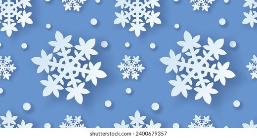 Seamless pattern with paper cut snowflakes. Christmas design 3D illustration on blue background for presentation, banner, cover, web,   flyer, card. 