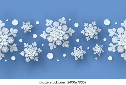 Seamless pattern with paper cut snowflakes. Christmas design 3D illustration on blue background for presentation, banner, cover, web,   flyer, card. 