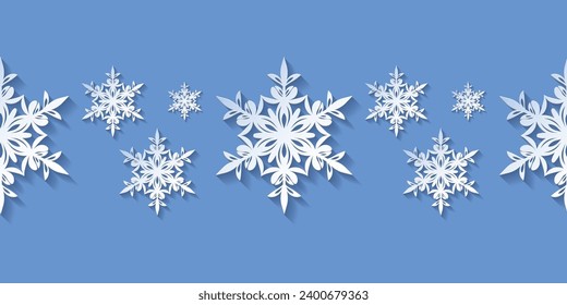 Seamless pattern with paper cut snowflakes. Christmas design 3D illustration on blue background for presentation, banner, cover, web,   flyer, card. 