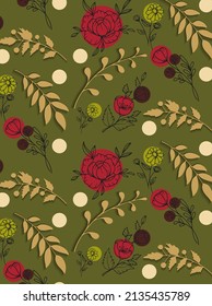 Seamless pattern in the paper cut style on the green background