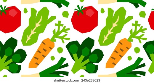 Seamless pattern with paper cut vegetables in modern style. Healthy nutrition cartoon texture. Background with tomatoes, broccoli, salad, carrot and leek.