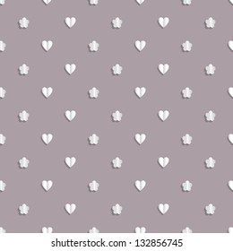 Seamless pattern with paper flowers and hearts