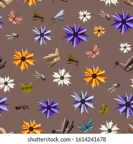 seamless pattern with paper flowers insects and birds