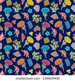 Seamless pattern with paper flowers on dark background