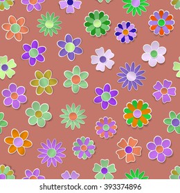 Seamless pattern of paper flowers in various colors with shadows