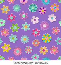 Seamless pattern of paper flowers in various colors with shadows