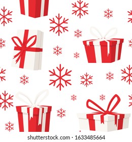 Seamless pattern of paper gift boxes with ribbons and snowflakes flat vector illustration on white background