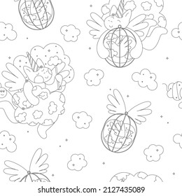 Seamless pattern. Paper for gifts. Cute coloring page for kids. A kind vector wallpaper with unicorns, birds and clouds. For girls. Isolated.