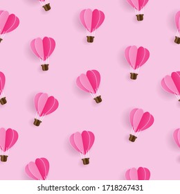 Seamless pattern with paper heart hot air balloon on light pink background, Pattern graphic style, Vector illustration