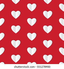 Seamless pattern with paper hearts on red background. Vector.