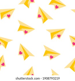 Seamless pattern of paper origami airplane and heart for the wedding or Valentine's Day. Cartoon vector isolated design for wallpaper, wrapping paper, textile, etc.