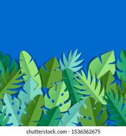 Seamless pattern with paper palm leaves. Decorative image of tropical foliage and plants.