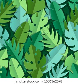 Seamless pattern with paper palm leaves. Decorative image of tropical foliage and plants.