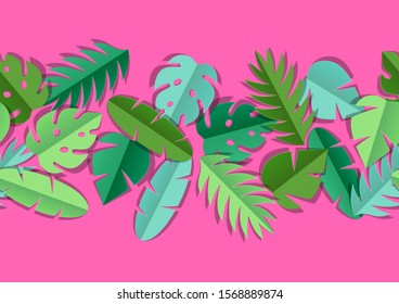 Seamless pattern with paper palm leaves. Decorative image of tropical foliage and plants.