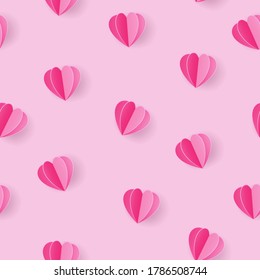 Seamless pattern with paper pink heart on light pink background, Vector illustration