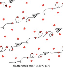 Seamless pattern with paper plane with hearts on white background.  Concept of romantic date. Continuous one line drawing design. Suitable for textile, fabric, wallpaper, wrapping. Vector illustration