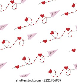Seamless pattern of paper plane with hearts on white background. Hand drawn Valentine's Day template. Design print to social media,  textile, wallpaper, wrapping paper, flyer, home decor