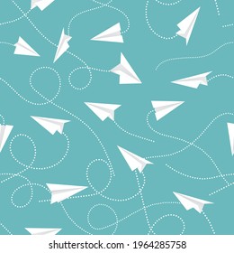 Seamless pattern with paper planes aircraft. Flying aircrafts on blue background. Vector background mockup, illustration with airplanes made as origami from paper. White airplanes on pattern layout