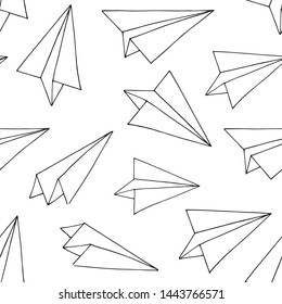 Seamless pattern with paper planes. Hand drawn sketch converted to vector