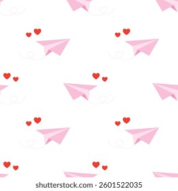 seamless pattern of paper planes with hearts isolated on white background, design for valentines day, wedding and mothers day celebration, greeting card, home decor, wrapping
