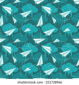 Seamless pattern with paper planes. Illustration with clouds.