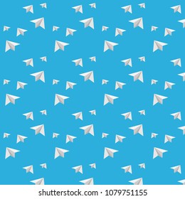 Seamless pattern of paper planes on a blue background. vector illustration