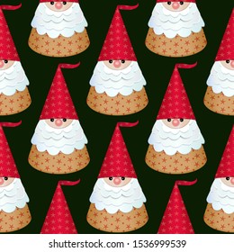 Seamless pattern. Paper Santa Claus in a red cap on a dark background