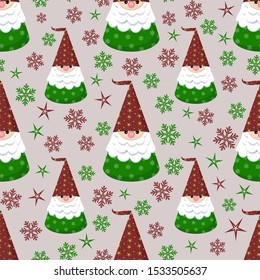 Seamless pattern with paper Santa Clauses and snowflakes.
