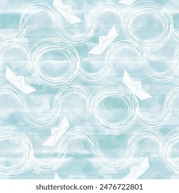 Seamless  pattern with  paper ships on a blue watercolor background. Hand drawn seamless vector pattern. Perfect for wallpaper, wrapping, fabric and textile. 