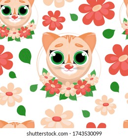 Seamless pattern for paper and textile on a white background. Cartoon red kitten and flowers. Isolated items. Vector.