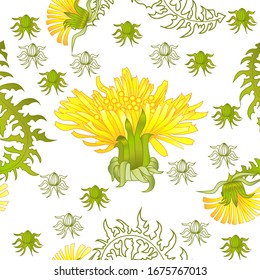 Seamless pattern for paper and textiles with dandelions. Ethnic and nature, floral, retro, tribal design element. Isolated vector background.