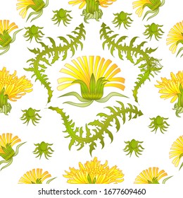 Seamless pattern for paper and textiles with dandelions. Ethnic and nature, floral, retro, tribal design element. Isolated vector background.