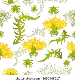 Seamless pattern for paper and textiles with dandelions.  Isolated vector background.
