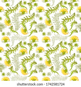 Seamless pattern for paper and textiles with dandelions. Ethnic and nature, floral, retro, tribal design element. Isolated vector background.
