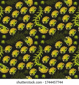 Seamless pattern for paper and textiles with dandelions. Ethnic and nature, floral, retro, tribal design element. Isolated vector background.