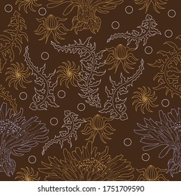 Seamless pattern for paper and textiles with dandelions. Ethnic and nature, floral, retro, tribal design element. Isolated vector background.