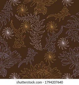 Seamless pattern for paper and textiles with dandelions. Ethnic and nature, floral, retro, tribal design element. Isolated vector background.