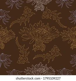 Seamless pattern for paper and textiles with dandelions. Ethnic and nature, floral, retro, tribal design element. Isolated vector background.